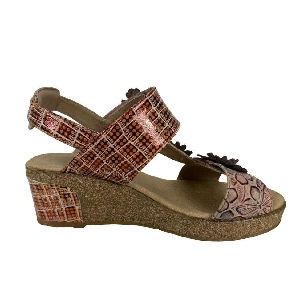 L'artiste Radd Geo Prm Wedge Sandals Heels Multicolor Leather Flower Sz 38/7.5-8